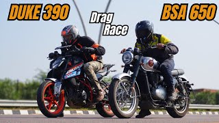 Duke 390 vs BSA GoldStar 650 Drag Race [upl. by Arednaxela227]