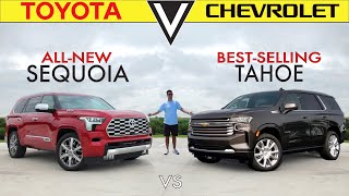 UNDER THREAT  2023 Toyota Sequoia Capstone vs Chevy Tahoe High Country Comparison [upl. by Meehyrb]