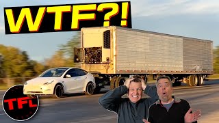 Heres How You Tow a Semi Truck Trailer with a Tesla Model Y [upl. by Erbe]