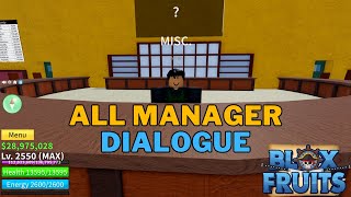 All Manager Dialogue amp Their Meanings in Blox Fruits  How To Talk To The Manager in Blox Fruits [upl. by Yttocs]