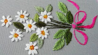 Hand Embroidery Daisy flower 🌼 Very easy stitches  top embroidery [upl. by Esinet]