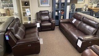 Highgrove 3 Seater 2 Seater amp Chair Electric Reclining Video  stocked In Chocolate Leather [upl. by Ardnohsal]