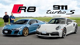 2021 Porsche 911 Turbo S vs Audi R8 V10 Decennium  DRAG RACE ROAD amp TRACK REVIEW [upl. by Nayar]