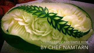 The Twins Leaf And Simple Rose in Watermelon Carving  By Chef NAMTARN [upl. by Maddock]