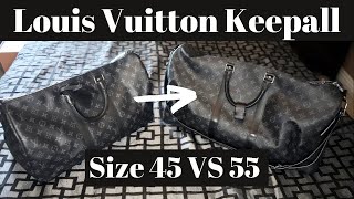 Louis Vuitton Keepall SIZE COMPARISON Monogram Eclipse 45 vs 55 Duffle Virgil Abloh LV Bandouliere [upl. by Ahcila]