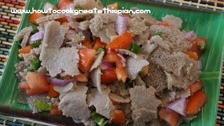 Ethiopian Food  Timatim Fitfit Recipe Injera Vegan Amharic English Fit tomatoes [upl. by Gnus]