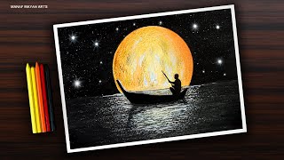 Moonlight Journey  Drawing for Beginners with Crayons  step by step  Satisfying 103 [upl. by Aicemat]