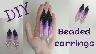 beaded earrings tutorial for beginners with double brick stitch and beaded fringes [upl. by Rap]