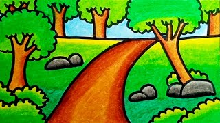 How To Draw Forest Scenery Simple For Kids  Drawing Forest Scenery For Kids Step By Step [upl. by Tewell]