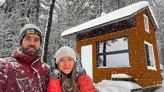 Winter camping in a Tiny Off Grid Cabin in a Snowstorm  20 Inches of Snow [upl. by Holder508]