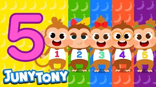 Learn Number Five  Five Little Monkeys  Number Songs for Kids  Counting Numbers  JunyTony [upl. by Atteselrahc]