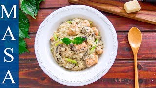 鮭魚和風奶醬燉飯Salmon Wafu Cream Risotto MASAの料理ABC [upl. by Ecilegna]