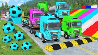 Double Flatbed Trailer Truck vs Speedbumps Train vs Cars  Tractor vs Train BeamngDrive 0195 [upl. by Nyrahs]