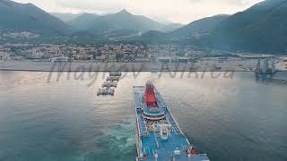 Igoumenitsa Greece Large ferry moored for unloading at the port of Igoumenitsa Stable Aerial [upl. by Marmawke]