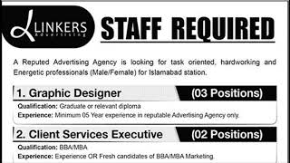 Linkers Advertising Islamabad Jobs 2024 November Graphic Designer Client Services Executives amp Othe [upl. by Alcott433]