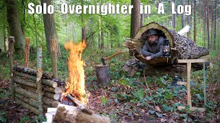 Solo Overnighter in a Hollow Log  felling a tree for fire wood spit roast beef [upl. by Feliza]