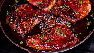 One Pan Honey Garlic Pork Chops Recipe [upl. by Nylassej]