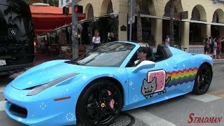 deadmau5 driving his Nyan Cat Purrari 458 Spider ft SLR McLaren 722S CRASHING into a curb [upl. by Nadab]