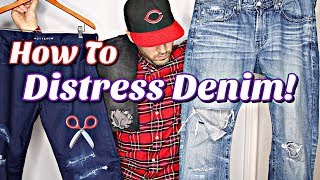 How to distressed denim jeans easy way DIY by using scissors only [upl. by Irelav361]