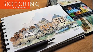 Easy Watercolor and Dip Pen Drawing Techniques for Beginners  Street Scenes Buildings Sketch [upl. by Elyak]