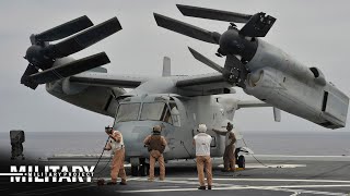 The US Marines MV22 Osprey Take Off and Vertical Landing in Carrier [upl. by Llenna]