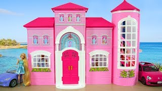 Barbie Malibu House Unboxing amp Setup Pink Dollhouse Rumah boneka Barbie Casa de boneca [upl. by Hyde531]