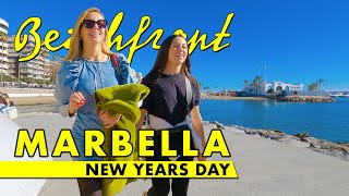 Marbella beachfront walk  New Years Day 2024  Costa del Sol Spain 4K immersive virtual tour [upl. by Stringer]