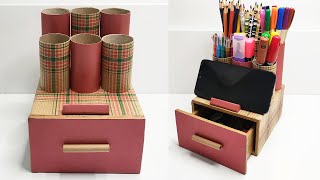 Desktop Organizer Making with Paper Roll and Cardboard  Phone stand and Pencil Holder [upl. by Zetnas]