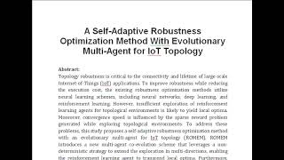 A Self Adaptive Robustness Optimization Method With Evolutionary Multi Agent for IoT Topology [upl. by Miun]