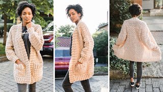 Chunky Crochet Cardigan WITH POCKETS  Beginner Crochet Winter Sweater Free Pattern  DIY Tutorial [upl. by Calva786]