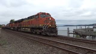 Northbound BNSF Grain Train passes through the Steilacoom Ferry Terminal Railroad Crossing [upl. by Leahcimal]