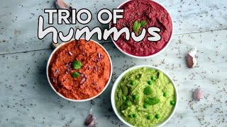 Hummus Trio Recipe  Red Pepper Mint Pea and Beetroot Cumin [upl. by Yslehc]