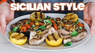 Grilled Swordfish Recipe Sicilian Style  Pan Roasted TomatoOlive Topping [upl. by Eudo]