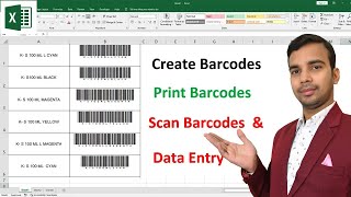 How to Crate Barcode in excel Print Barcode Scan barcode and automatically data entry in MS Excel [upl. by Nesyrb]