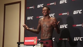 Israel Adesanya guesses his own weight quotI know my fing bodyquot  UFC 248 Official WeighIns [upl. by Yarb]