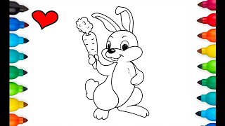 How to draw a cute bunny for kids Drawing and coloring step by step Four animals drawing [upl. by Evelc13]