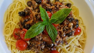 Sardines Pasta with Tomatoes and Olives  Beginner Friendly Cooking and Recipe [upl. by Tra]