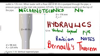 Mechanotechnics N4 Bernoullis Theorem Vertical Tapered Pipe mathszoneafricanmotives mathswithadmirelightone [upl. by Orodoet]