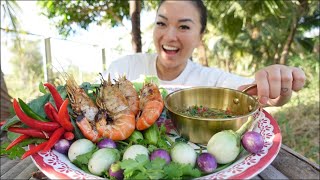 GRILLING GIANT PRAWNS  MAKING GREEN SEAFOOD SAUCE MUKBANG OUTSIDE  SASVlogs [upl. by Arimat]