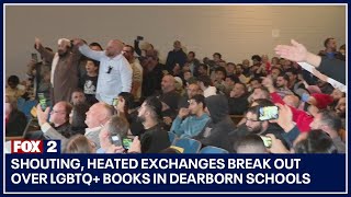 Shouting heated exchanges break out over LGBTQ books in Dearborn schools [upl. by Eiuol]