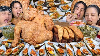 FAMILY MUKBANG LECHON KAWALI PINAPUTOK amp JUMBO WHOLE FRIED CHICKEN with GARLIC BUTER BAKED MUSSELS [upl. by Penman]