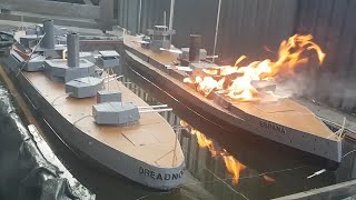 Wooden Model Ship On Fire And Sinking Battleship Dreadnought Versus Battleship Espana [upl. by Funda]