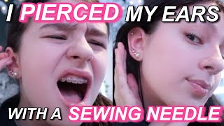 PIERCING MY EARS AT HOME WITH A SEWING NEEDLE [upl. by Erodroeht]