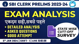 SBI Clerk Analysis 202324 5th Jan 2024 Shift 1  SBI Clerk Exam Analysis 2023 amp Expected Cut Off [upl. by Rovert114]