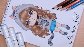 Deseneaza o Fata  PUSHEEN Girl  How to draw with markers and pencils [upl. by Uoliram]