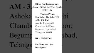 Hiring For Bancassurance channel SDM Sr CAM BAM HDFC Life [upl. by Ramedlav34]