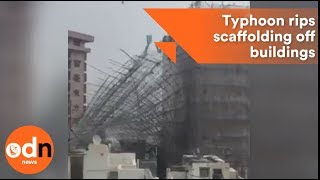 Typhoon rips scaffolding off buildings in Hong Kong [upl. by Enaled]