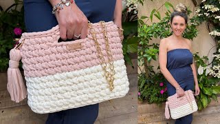 Bolsa de croche em fio de malha  Passo a passo detalhado Tutorial crochet bag Bolsa de ganchillo [upl. by Leugar]