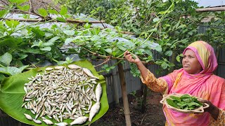 Pond Fish Catching amp Cooking Small Fish with Basella Alba Recipe Country Tiny Fish Pui Shak Ranna [upl. by Angelico]