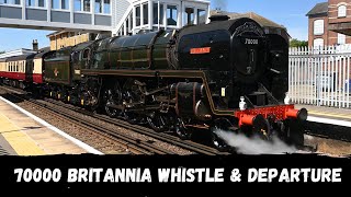 70000 Britannia whistles and departs Canterbury East  includes engine close up 57311 on rear [upl. by Fredericka]